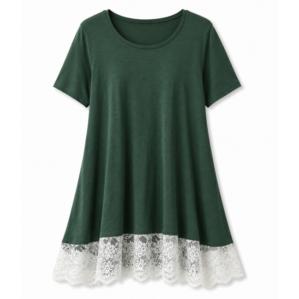 HALIFE Dress Women 2XL Green Lace Trim Short Sleeve A-Line Jersey Blend